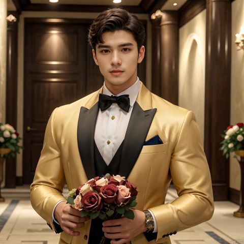 masterpiece,divine titan,1 Man,Look at me,tuxedo,In a lavish palace,Holding a bouquet of roses in his hand,textured skin,super detail,best quality,8k,ccurate