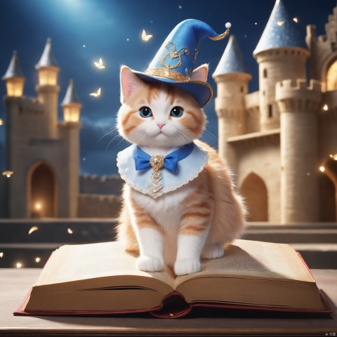 masterpiece,Always a lovely cat.,Standing on an open book,Flight,Elemix,Light particle,In the castle.,Wearing a magic hat.,female cat,Lovely,Large number of particle special effects,,