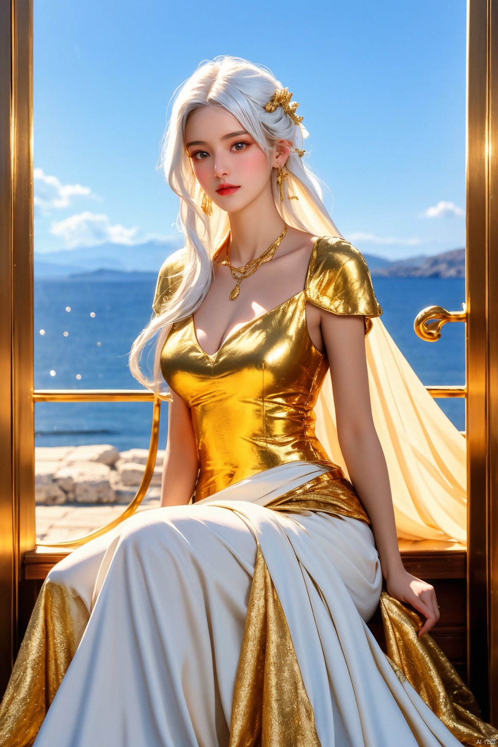 masterpiece, 1 girl, Look at me, Aphrodite, White hair, Greek dress, Palace, Sitting on the throne, resplendent, Lots of roses, gilded, MYTHOS, Gold powder, Golden glow, textured skin, super detail, best quality, 16k, Blue sky outside the window