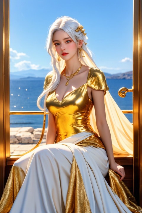 masterpiece, 1 girl, Look at me, Aphrodite, White hair, Greek dress, Palace, Sitting on the throne, resplendent, Lots of roses, gilded, MYTHOS, Gold powder, Golden glow, textured skin, super detail, best quality, 16k, Blue sky outside the window