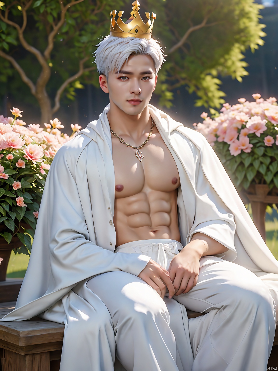  masterpiece,Fortnite,1 boy,Look at me,Handsome,White hair,Muscular development,A gorgeous white cloak,Sitting on the throne,outside,Garden,Flower field,Wear a crown,Natural light,UHD,high details,best quality,