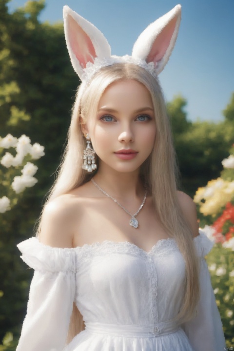 masterpiece, A lovely girl, Rabbit ear, Cartoon style, Delicate eyes, Shiny lipstick, Dressed in a gorgeous lolita, Outdoors in the garden, There is plenty of sunshine, White flowers