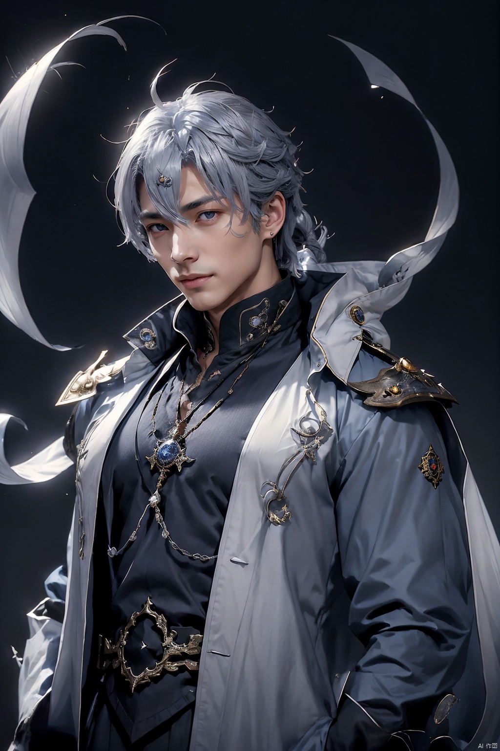  Game -Genshin Impact, character -Kaeya Alberich, dark-skinned, short indigo hair with a wisp of silver, long hair hanging down from the back left side of his head, and two bundles of silly hair of varying lengths on the top of his head. His gray-blue quadrangular star-shaped pupils made his eyes look deep, and he wore a pirate patch over his right eye and a blue teardrop-shaped pendant over his left ear. He wore a white shirt and blue coat that exposed his chest, and a blue-and-white cloak with a long collar and white hair at the collar. The Eye of God hung from a brown belt and wore black trousers and boots. Both hands wore conical bracelets and black fingerless gloves, kaeya (genshin impact), Arso