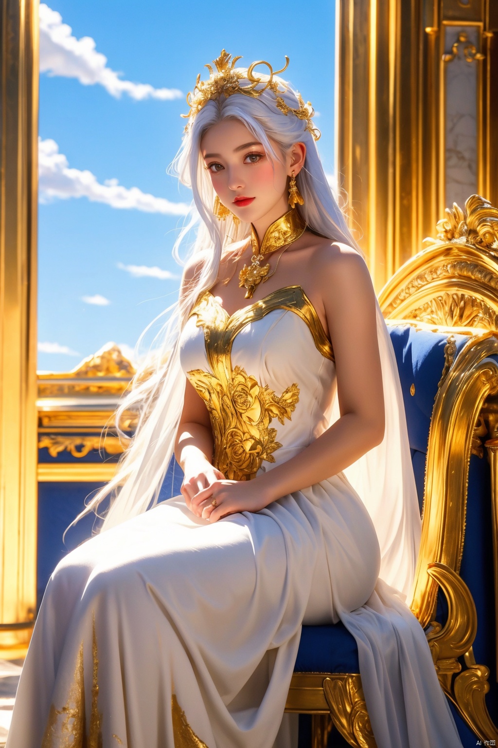 masterpiece, 1 girl, Look at me, Medusa, White hair, Greek dress, Palace, Sitting on the throne, resplendent, Lots of roses, gilded, MYTHOS, Gold powder, Golden glow, textured skin, super detail, best quality, 16k, Blue sky outside the window