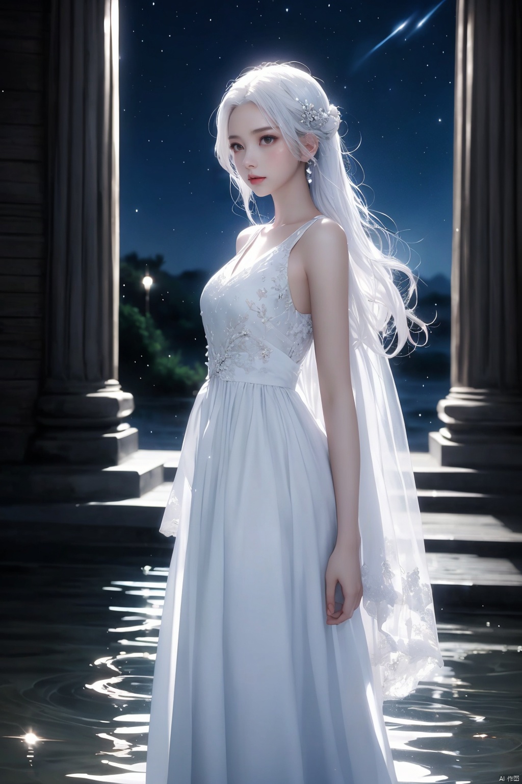  (masterpiece, top quality, best quality, official art, beautiful and aesthetic:1.2),gf-hd, 1girl, long hair, solo, water, night, dress, sky, white hair, hair ornament, night sky, wading, star \(sky\), white dress, from side, (\yan yu\),rainning