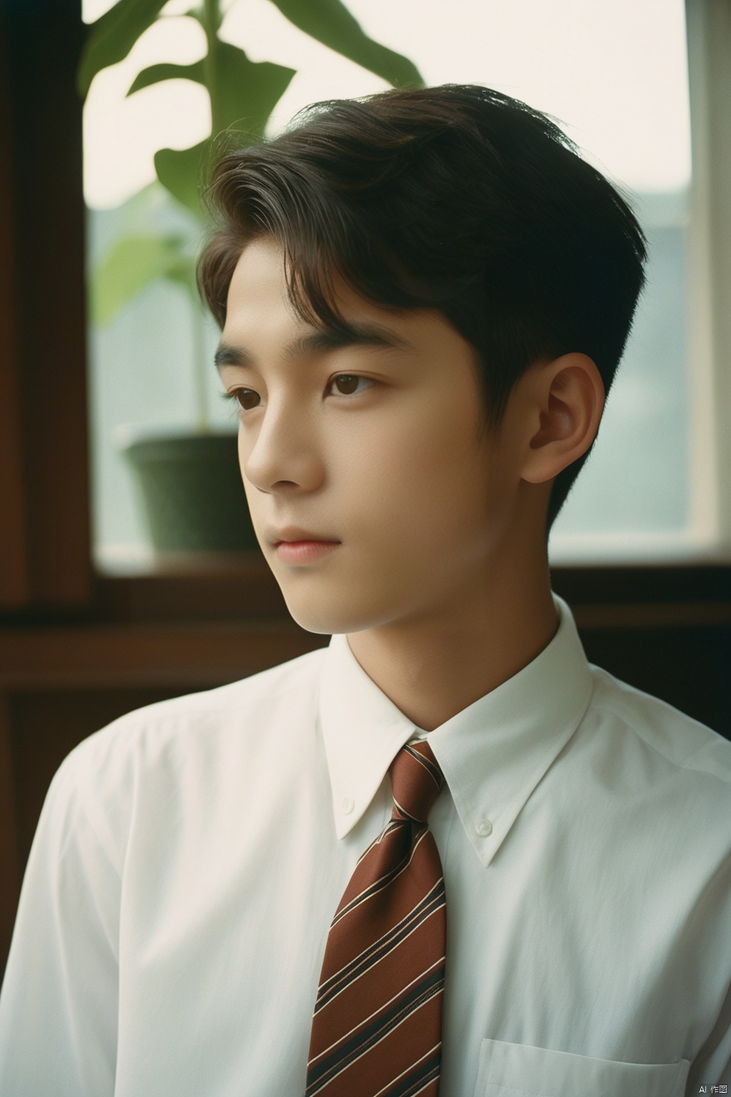 analog film photo masterpiece, Handsome boy, (2 Boy:1.2), 18 years old, Lovely, Short hair, White shirt, Tie, Portrait, Living room, Potted plant, Light and shadow, The sunshine outside the window, Students, textured skin, super detail, best quality  . faded film, desaturated, 35mm photo, grainy, vignette, vintage, Kodachrome, Lomography, stained, highly detailed, found footage