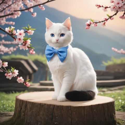 cinematic photo masterpiece,A lovely cat,On the stump.,Peach blossom,Big cat,Lovely,White cat,Blue eyes,Bow knot,Anthropomorphism,Stand,Skirt,,