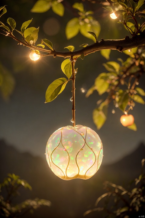 a delicate apple made of opal hung on branch  in the early morning light, adorned with glistening dewdrops. in the background beautiful valleys, divine iridescent glowing, opalescent textures, volumetric light, ethereal, sparkling, light inside body, bioluminescence, studio photo, highly detailed, sharp focus