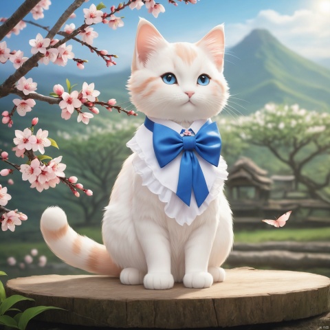 cinematic photo masterpiece,A lovely cat,On the stump.,Peach blossom,Big cat,Lovely,White cat,Blue eyes,Bow knot,Anthropomorphism,Stand,Skirt,,