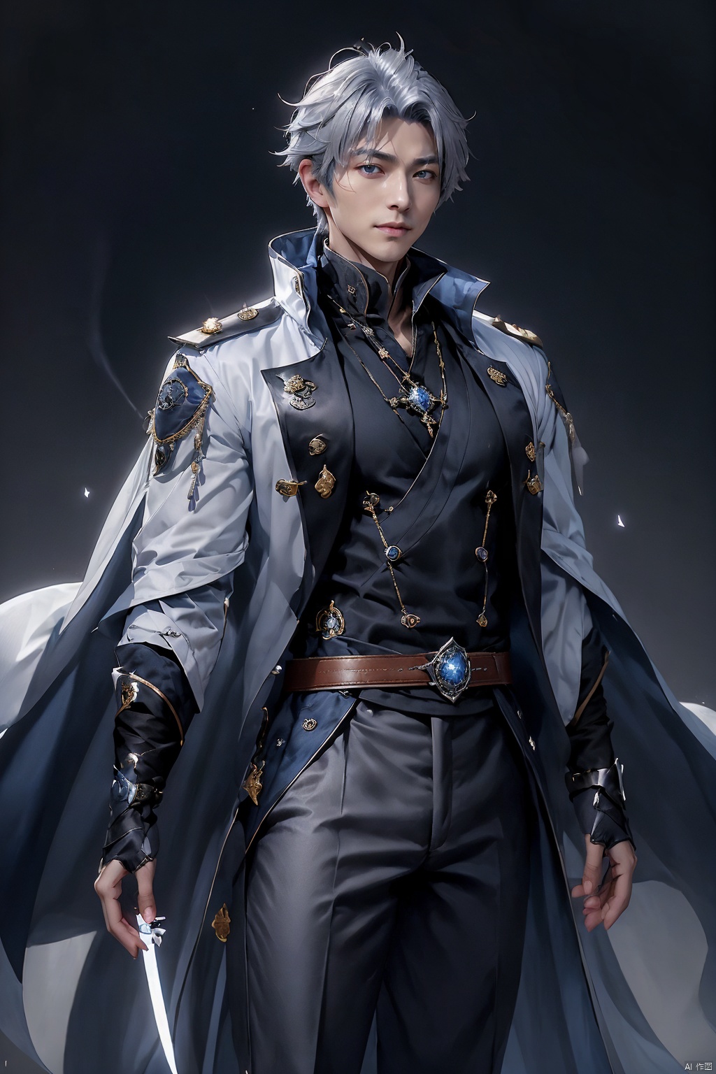  Game -Genshin Impact, character -Kaeya Alberich, dark-skinned, short indigo hair with a wisp of silver, long hair hanging down from the back left side of his head, and two bundles of silly hair of varying lengths on the top of his head. His gray-blue quadrangular star-shaped pupils made his eyes look deep, and he wore a pirate patch over his right eye and a blue teardrop-shaped pendant over his left ear. He wore a white shirt and blue coat that exposed his chest, and a blue-and-white cloak with a long collar and white hair at the collar. The Eye of God hung from a brown belt and wore black trousers and boots. Both hands wore conical bracelets and black fingerless gloves, kaeya (genshin impact), Arso