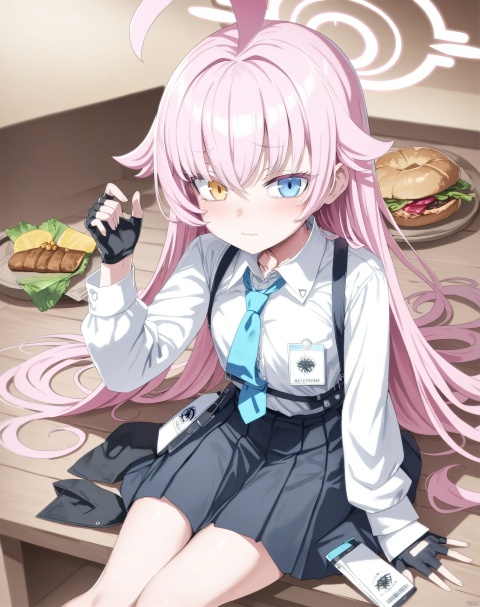 asanagi,1girl, hoshino (blue archive), heterochromia, solo, food, gloves, pink hair, skirt, ahoge, fingerless gloves, long hair, necktie, shirt, halo, long sleeves, blue necktie, black gloves, white shirt, blue eyes, co