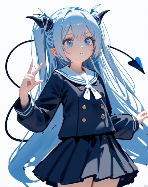 breadman style,willy style,1girl,solo, light blue hair,blue eyes,very long hair,demon tail,demon wings,horns,two side up, parted lips, school uniform, simple background, white background,