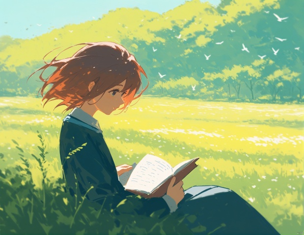 breadman style,a girl named fern from sousou no freiren series,reading a book,sunny day,wind,day,amazing quality,very beautiful color,by iamuu,aesthetic,birds,beautiful scenery