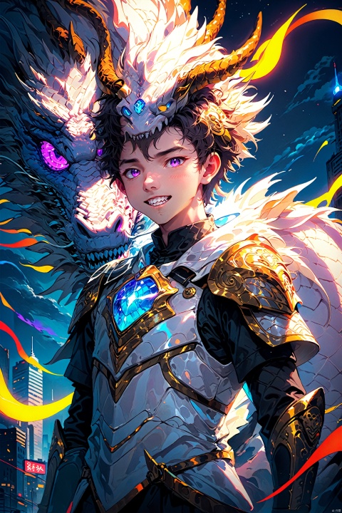  the poster of the anime character with an horned head, in the style of neon lights, futurism, handsome, i can't believe how beautiful this is, 2d game art, white, fantasy characters, Anime style, mlonggwang
solo, 1boy, purple eyes, male focus, outdoors, sky, teeth, armor, no humans, glowing, sharp teeth, building, science fiction, monster, city, dragon, lbbao