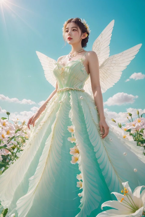  Quality, 8K, extremely intricate details, 1 girl, Lolita, gradient color, careful eyes, transparent wings, gradient art, in the flowers, (huge lily :1.1), sky, (White cloud :0.9), full lens, necklace, pearls and jewelry, 1 girl, flowing dress, light green dress, huge flowers, wide Angle, hdr