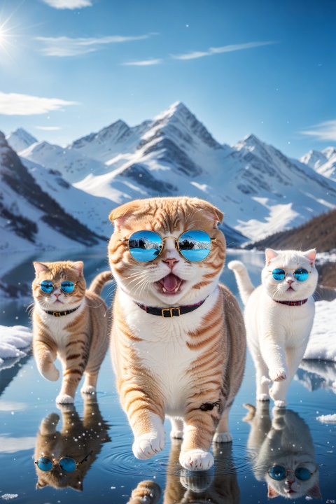 A bunch of Scottish fold cats in stylish sunglasses, surprised, cute, laughing,  outdoors, sky, day, blue sky, no humans, scenery, snow, reflection, ice, mountain, motion blur, lake, frozen