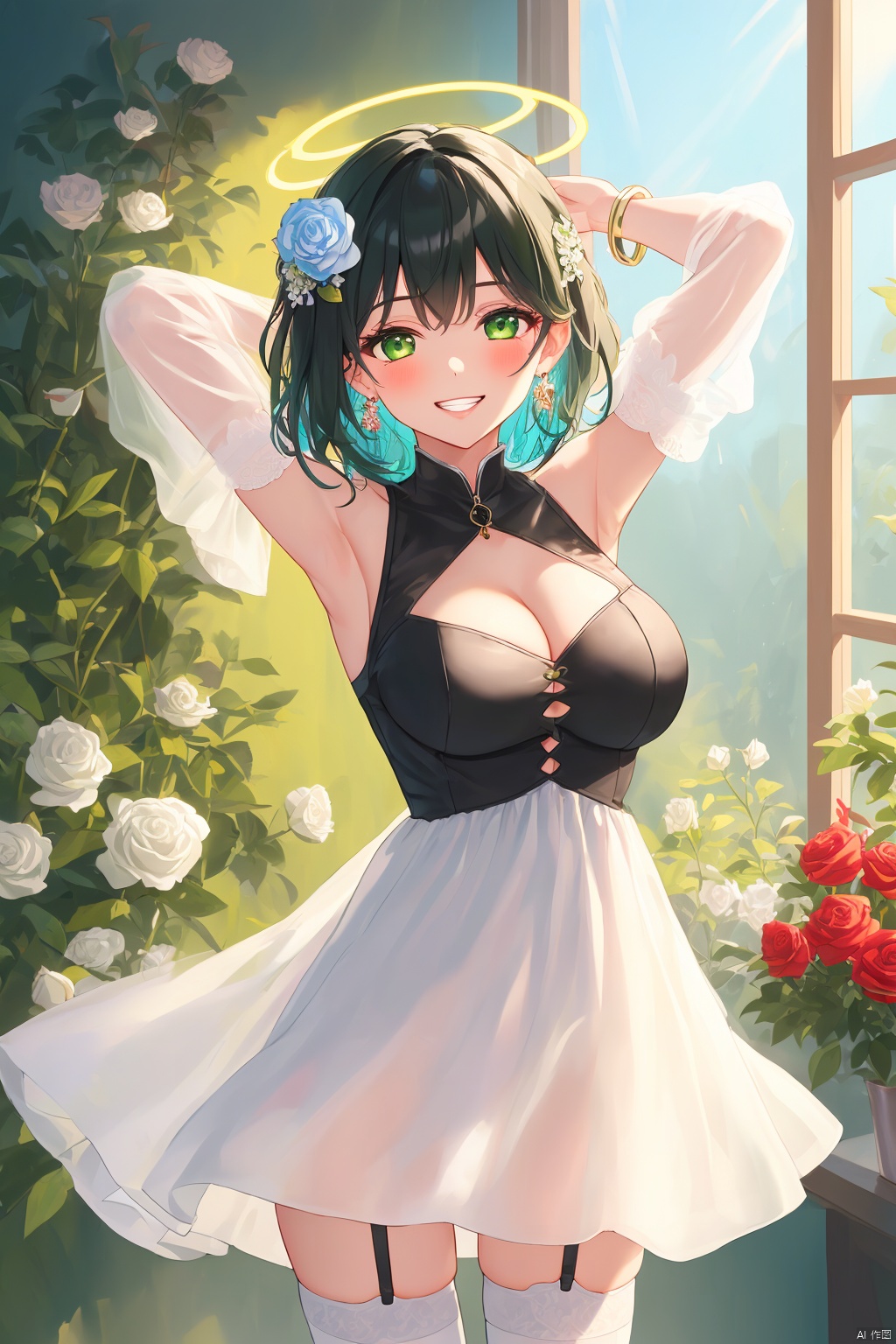 1girl, solo, breasts, looking at viewer, blush, smile, short hair, bangs, large breasts, black hair, hair ornament, thighhighs, long sleeves, dress, cleavage, bare shoulders, jewelry, green eyes, blue hair, standing, flower, multicolored hair, cowboy shot, earrings, parted lips, detached sleeves, sleeveless, indoors, hair flower, armpits, grin, black dress, arms up, bracelet, two-tone hair, white thighhighs, zettai ryouiki, see-through, window, sleeveless dress, rose, garter straps, halo, short dress, cleavage cutout, sunlight, plant, white flower, red flower, arms behind head, red rose, stairs, colored inner hair, bangle, potted plant, white rose