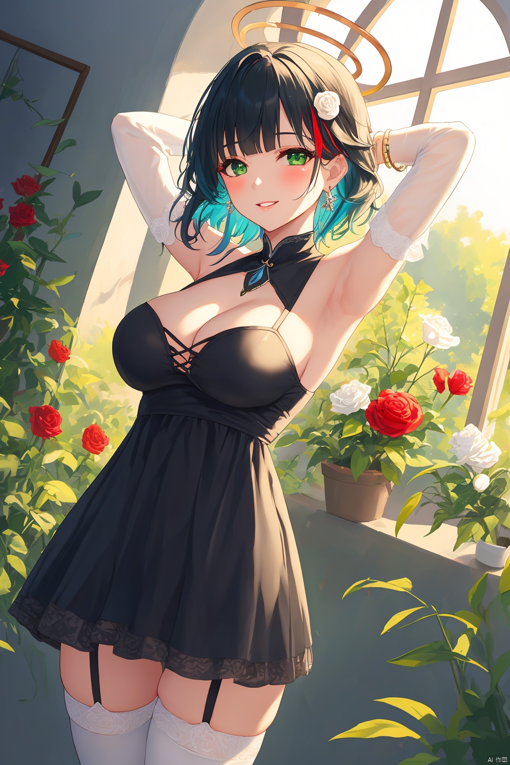 1girl, solo, breasts, looking at viewer, blush, smile, short hair, bangs, large breasts, black hair, hair ornament, thighhighs, dress, cleavage, bare shoulders, jewelry, medium breasts, green eyes, blue hair, standing, flower, multicolored hair, cowboy shot, earrings, parted lips, detached sleeves, indoors, hair flower, blunt bangs, armpits, black dress, arms up, bracelet, white thighhighs, window, rose, garter straps, halo, plant, white flower, red flower, arms behind head, stairs, colored inner hair