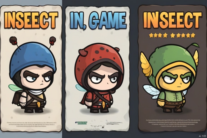  Poster, 2d game characters, masterpiece, title, Three game characters, insect ,
