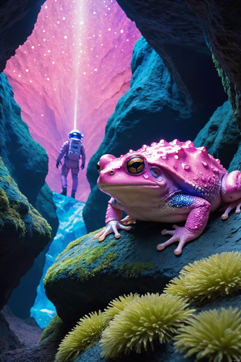 In a cavernous, mystical environment, a massive, pink-hued toad looms over a lone astronaut-like figure, the creature's skin textured with shades of lilac and cerulean, resembling glistening celestial bodies against a dark cave backdrop; jagged rock formations, coated in iridescent moss and dotted with luminous crystals,