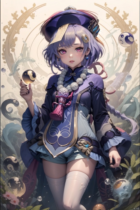 1girl, solo, long hair, looking at viewer, bangs, hair ornament, thighhighs, long sleeves, hat, white background, holding, jewelry, purple eyes, purple hair, braid, shorts, wide sleeves, necklace, nail polish, white thighhighs, single braid, chinese clothes, black nails, beads, braided ponytail, ofuda, vision \(genshin impact\), yin yang, jiangshi, bead necklace, orb, qing guanmao, talisman, coin hair ornament, qiqi \(genshin impact\), qiqi (genshin impact)