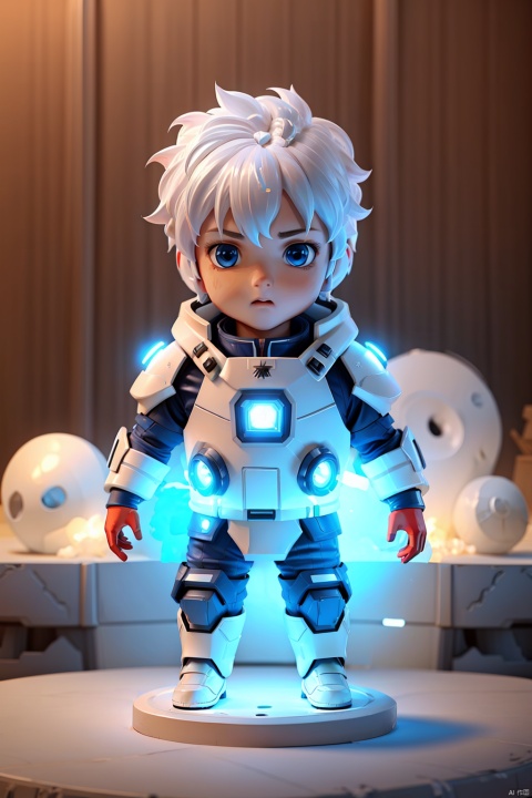  1 boy, blue eyes, white hair, red space suit, (bust: 1.3), dynamic pose, HD, 32k, (Masterpiece: 1.5),