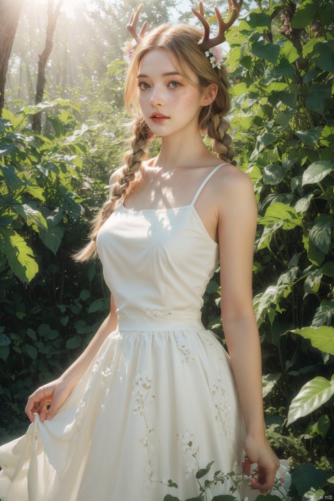  Vintage portrait, photography style, soft focus, pure face,Deer, girl, antlers, vine with leaves, Blonde hair, European and American advanced face, freckles, Detailed light and shadow, Wind, (Strong Sunshine),Two plaits, The forest,Front light source,
, Electroplating paint, Huge flowers, flowing skirts,Giant flowers,