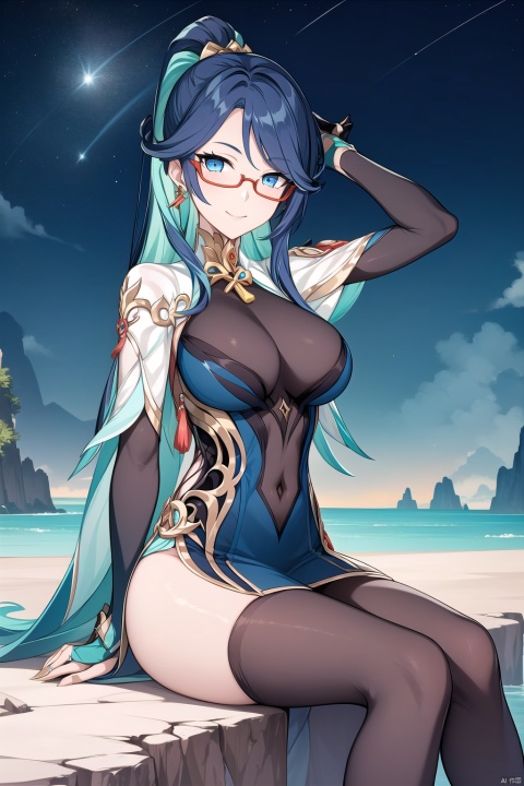  Xianyun, 1girl, solo, cosplay, ponytail, looking at viewer, long hair, multicolored hair, semi-rimless eyewear, black hair, blue eyes, green hair, bangs, jewelry, earrings, large breasts, closed mouth, tassel earrings, chinese clothes, nice hands, (arms sagging:1.5),night_sky,starry_sky,nebula,star_trail,mountainous horizon,plateau,cliff,looking_at_viewer,(sitting:1.5),smile,thighhighs, masterpiece