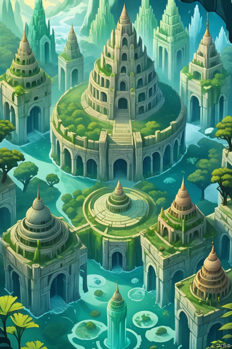 A once-great palace, now in ruins, lies frozen beneath the ice, its crumbling towers a testament to the power of nature. The scene depicts a surreal landscape, filled with otherworldly creatures and plants that radiate an ethereal glow. The atmosphere is peaceful and serene, as if the palace is a sanctuary from the chaos of the world outside.
