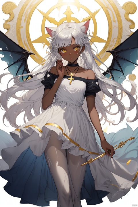  {masterpiece},white hair,yellow eyes,aqua eyes,looking up,stockings,dark skin,long hair,hime cut,messy hair,floating hair,demon wings,halo,cross necklace,holy,divinity,shine,holy light,cat girl,(loli),(petite),solo,cozy anime,houtufeng,letterboxed,1 girl,2Dconceptualdesign
负向提示