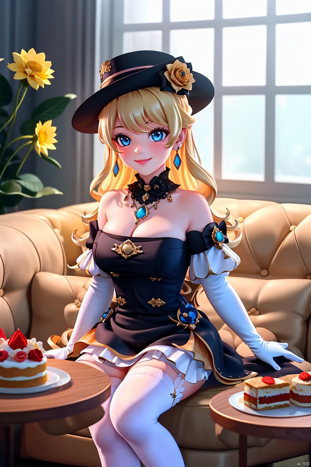  1girl, solo, long hair, breasts, looking at viewer, blush, smile, bangs, blue eyes, blonde hair, large breasts, thighhighs, gloves, hat, dress, cleavage, bare shoulders, jewelry, medium breasts, sitting, very long hair, closed mouth, flower, earrings, food, black gloves, elbow gloves, indoors, necklace, white dress, white thighhighs, zettai ryouiki, window, black headwear, strapless, rose, table, couch, strapless dress, plate, cake, hat flower, on couch