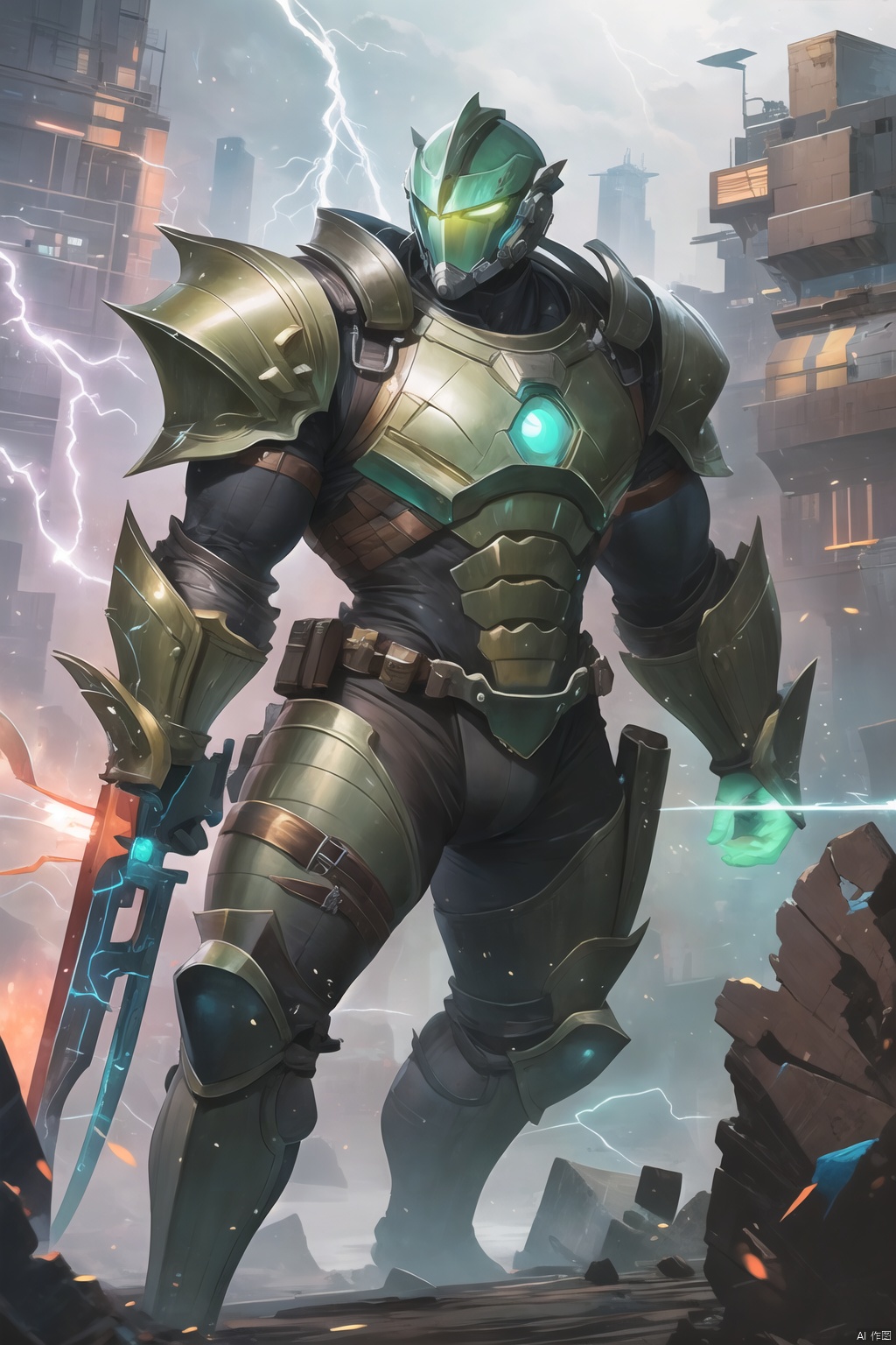 solo, 1boy, male focus, armor, muscular, colored skin, abs, science fiction, shield, electricity, giant, green skin, damaged, power armor