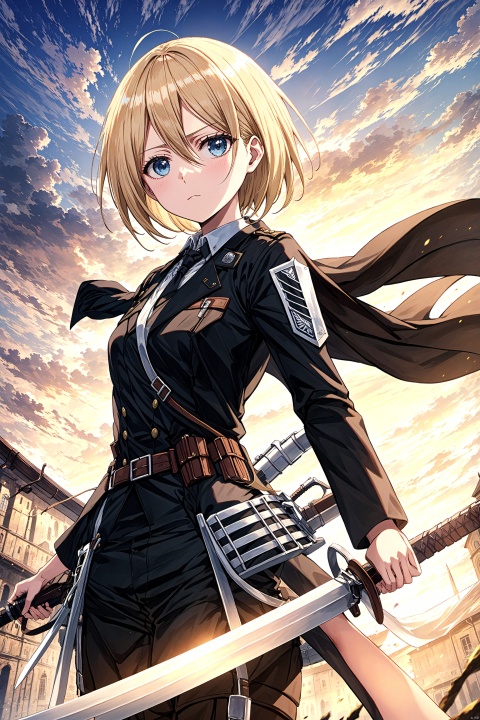  Mika Ackerman from Attack on Titan, she is a tall, cold-faced woman. She has determination and resolve in her eyes and holds a giant sword in her hand. She wears a black uniform and a white