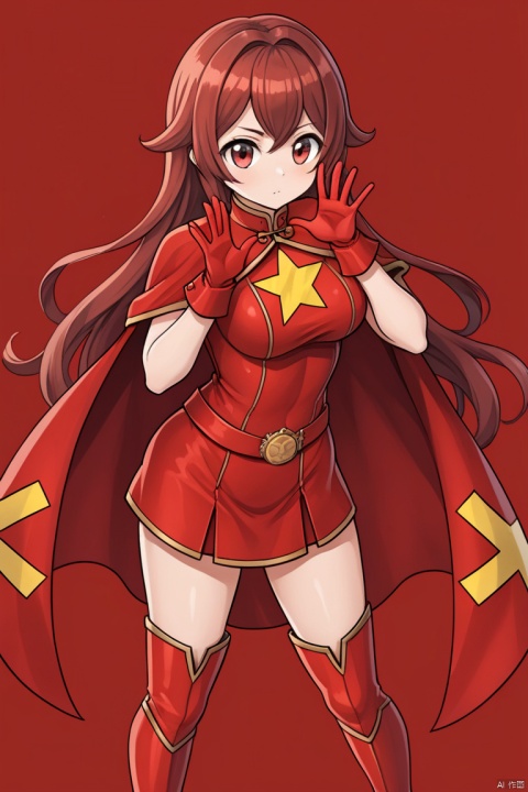  The super heroine Five-Star Red Flag Star wears a tight-fitting uniform with the Chinese Five-Star Flag logo, a cape, long red gloves on both hands, and a pair of red over-the-knee boots on both feet. The camera shows a full body portrait in a standing position.