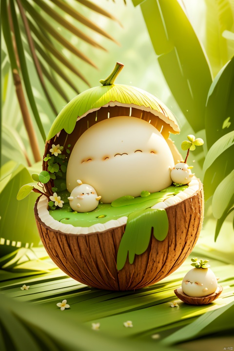 coconut,Coconut blind box,depth of field,grass,leaf,nature,plant