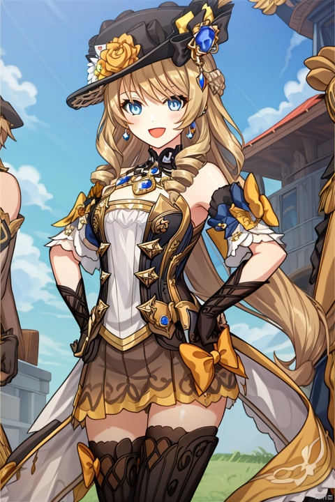 1girl, solo, long hair, breasts, looking at viewer, smile, open mouth, bangs, blue eyes, skirt, blonde hair, thighhighs, gloves, hat, dress, bow, holding, bare shoulders, jewelry, standing, flower, :d, earrings, small breasts, boots, detached sleeves, black gloves, elbow gloves, black thighhighs, zettai ryouiki, hand on hip, black headwear, strapless, rose, umbrella, thigh boots, drill hair, holding umbrella, hat flower, parasol, over shoulder