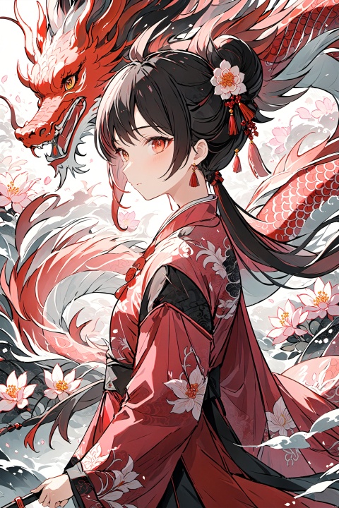  masterpiece, best quality, 1girl, wear pink chinese traditional hanfu,floral print,pink dragon on the left side behind,super detailed,8K,wallpaper,illustration,red and grey black illustration,intricate details,clear lines,bright and soft light, (\lei dian jiang jun\), (gan yu),yae_miko,閽熺