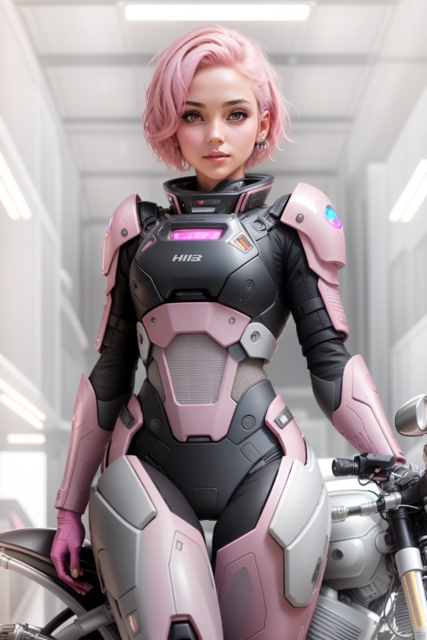  1girl, solo, looking at viewer, short hair,（ Pink eyes：1.8）, full body, pink hair, armor, lips, bodysuit, science fiction, hologram, HD,32k,,Ride a motorcycle