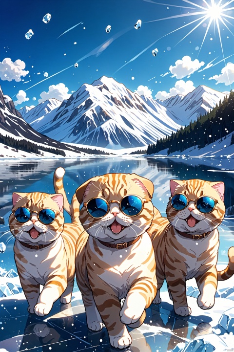  A bunch of Scottish fold cats in stylish sunglasses, surprised, cute, laughing, outdoors, sky, day, blue sky, no humans, scenery, snow, reflection, ice, mountain, motion blur, lake, frozen, particles, feicuixl, Anime style