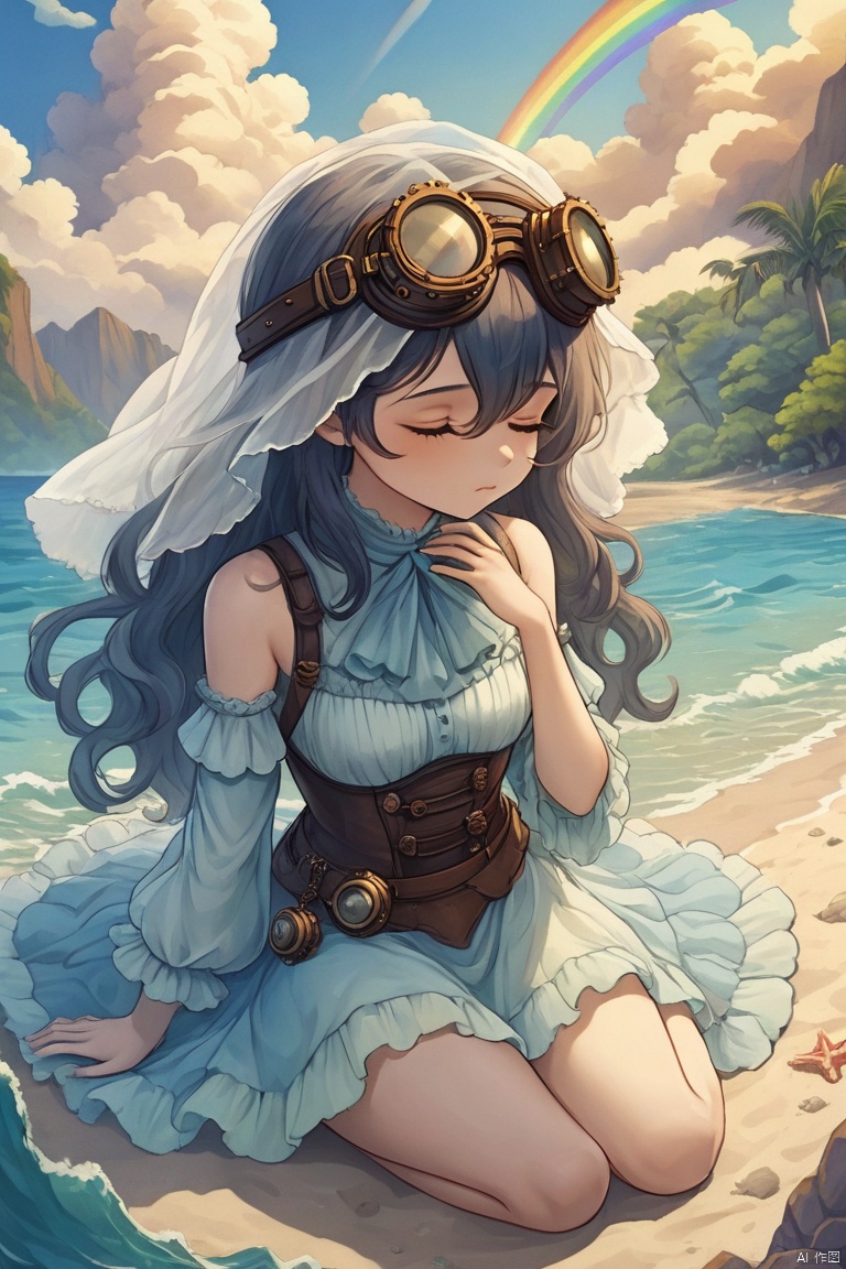 The young woman lounged on the beach, eyes closed as the effervescent waves crashed onto the shore, The serene flow of seawater dissolved into her skin, leaving it lighthearted and privy to steampunk fashion trends, The steampunk goggles shielding her eyes from the scorching sun cast a mesmerizing play of light across her face, creating an opaque veil that merged with the flowing sea mist, As she sat there, lost in thought, a troll emerged from the shadows, its broken features and fictional character made all the more real by its mesmerizing whispers, The atmosphere was laden with atmospheric phenomena like leaching rainbows and textured clouds that played off of the sun's light, creating a panoramic view of nature at its finest, , (&:0)