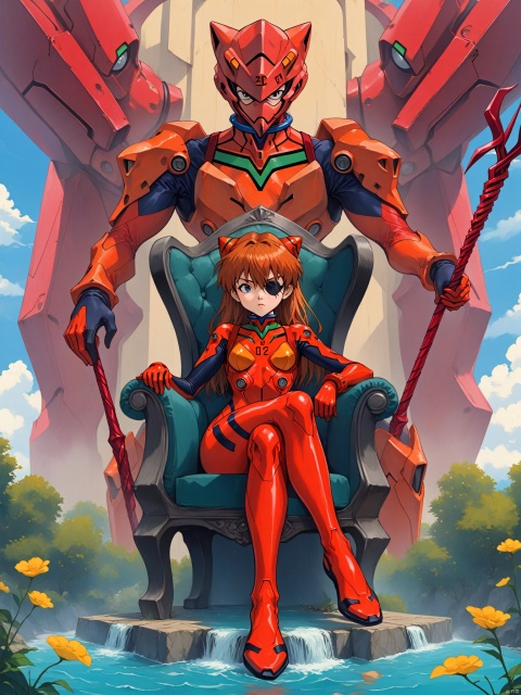  1girl, souryuu asuka langley, neon genesis evangelion, rebuild of evangelion, lance of longinus, cat hat, plugsuit, pilot suit, red bodysuit, sitting, crossed legs, black eye patch, throne, looking down, from bottom, looking at viewer, outdoors, masterpiece, best quality, very aesthetic, absurdres, Anime style, 2d game characters