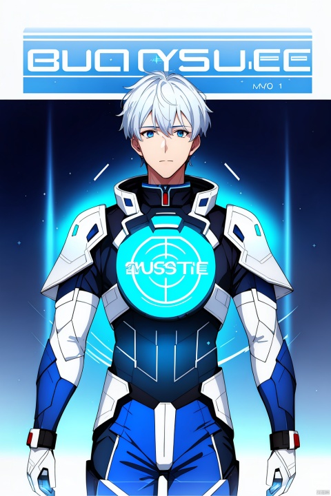  1 boy, blue eyes, white hair, red space suit, (bust: 1.3), dynamic pose, HD, 32k, (Masterpiece: 1.5), magazine cover
