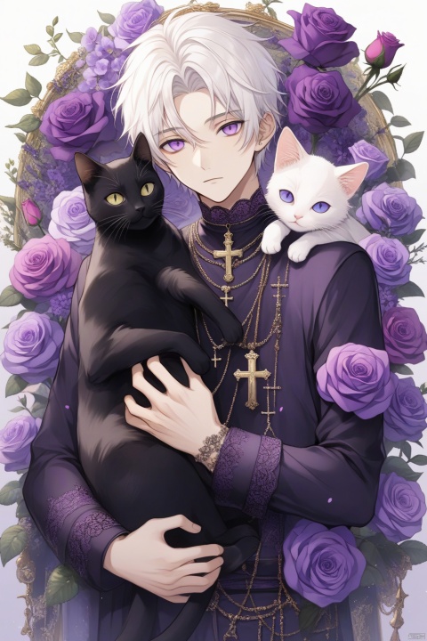 solo, looking at viewer, short hair, long sleeves, 1boy, holding, jewelry, purple eyes, flower, white hair, male focus, necklace, rose, animal, cat, cross, purple flower, black cat, holding animal, holding cat