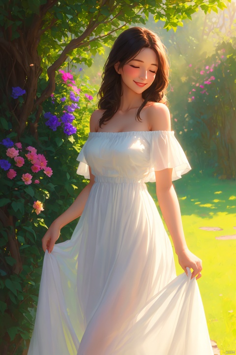 1girl, solo, long hair, breasts, smile, brown hair, dress, bare shoulders, closed mouth, standing, closed eyes, flower, outdoors, day, off shoulder, white dress, tree, lips, sunlight, plant, stairs, skirt hold, purple flower, off-shoulder dress, dappled sunlight, see-through silhouette