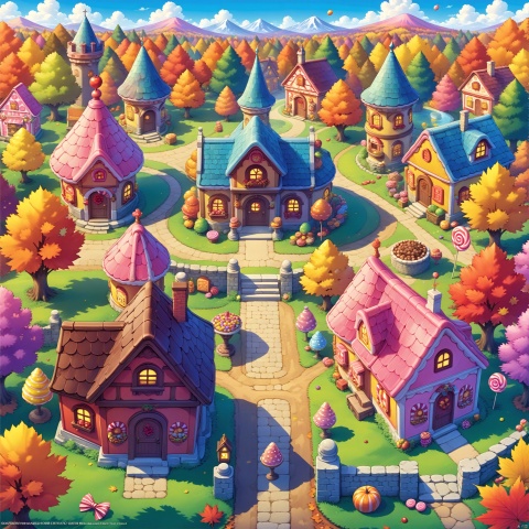 ((Masterpiece)), ((Best quality)), ((Official art,)), ((from top :1.4)), (House, Candy House :1.3), Chocolate, lollipops, candy, cookies, cakes, desserts, fairytale world, (Forest, woods, trees, grass :1.2), outdoor, daytime, (Color/candy color theme :1.2), Autumn, The harvest fruit