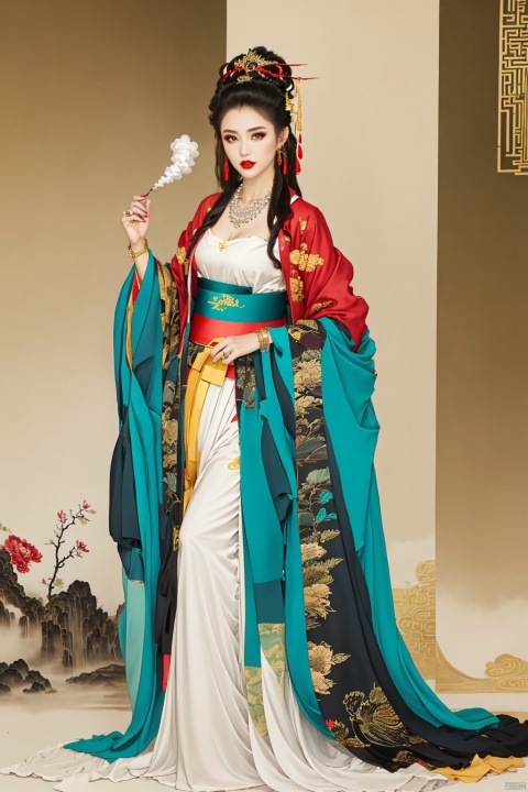  1girl, solo, long hair, looking at viewer, brown hair, black hair, hair ornament, long sleeves, dress, holding, brown eyes, jewelry, closed mouth, standing, full body, earrings, wide sleeves, necklace, bracelet, sash, makeup, chinese clothes, tassel, smoke, beads, shawl, robe, red lips, hair stick, bead bracelet, bead necklace, hanfu