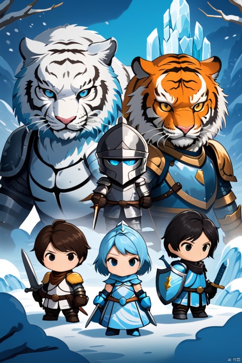  Masterpiece, Poster, Best Quality, poster, 2d game characters, Masterpiece, title, three game characters, Ice Element Tiger Knight, wmchahua