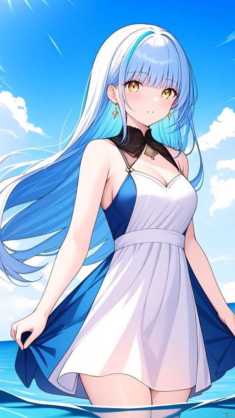 1girl, solo, long hair, breasts, looking at viewer, bangs, dress, bare shoulders, jewelry, very long hair, blue hair, yellow eyes, white hair, multicolored hair, earrings, sleeveless, water, floating hair, sleeveless dress, fire, wading