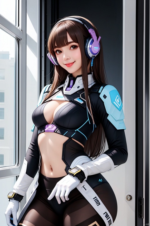  1 girl, solo, long hair, breasts, looking at the audience, smile, bangs, brown hair, gloves, brown eyes, medium breasts, upper body, parted lips, one eye open, indoor, white gloves, windows, tights, navel, headphones, facial markers, skin tightness, index finger lift, pilot suit, beard markers, shoulder pads, blue tights, ribbed tights, d.va\ (surveillance\)
