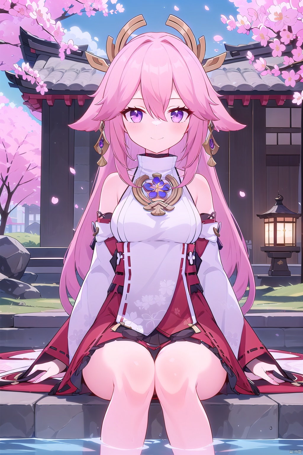  1girl, solo, long hair, breasts, looking at viewer, smile, bangs, skirt, shirt, hair ornament, long sleeves, animal ears, hair between eyes, bare shoulders, jewelry, sitting, very long hair, closed mouth, purple eyes, white shirt, pink hair, thighs, earrings, outdoors, detached sleeves, japanese clothes, wide sleeves, water, tree, cup, petals, fox ears, sleeveless shirt, red skirt, floral print, cherry blossoms, nontraditional miko, lantern, yokozuwari, vision \(genshin impact\), architecture, sakazuki, east asian architecture, yae miko, YSbachongshenzi